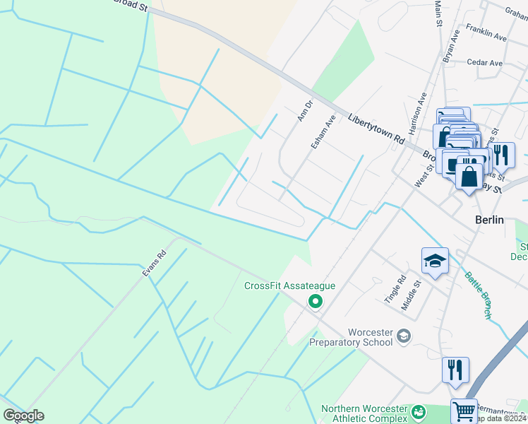 map of restaurants, bars, coffee shops, grocery stores, and more near 280 Powell Circle in Berlin