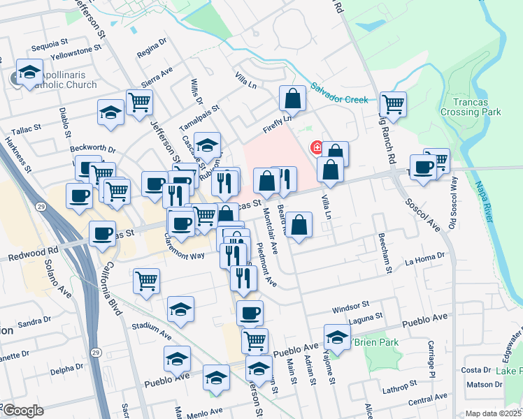 map of restaurants, bars, coffee shops, grocery stores, and more near in Napa