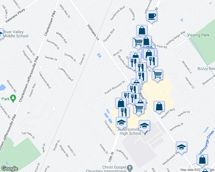 map of restaurants, bars, coffee shops, grocery stores, and more near 2935 Holmans Lane in Jeffersonville