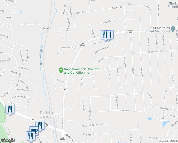 map of restaurants, bars, coffee shops, grocery stores, and more near 4 Bridle Path Lane in Fredericksburg