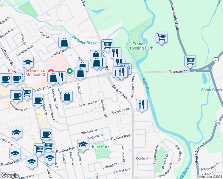 map of restaurants, bars, coffee shops, grocery stores, and more near 3200 Soscol Avenue in Napa