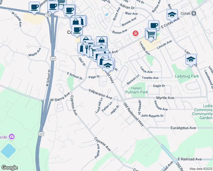 map of restaurants, bars, coffee shops, grocery stores, and more near 43 Kingston Lane in Cotati