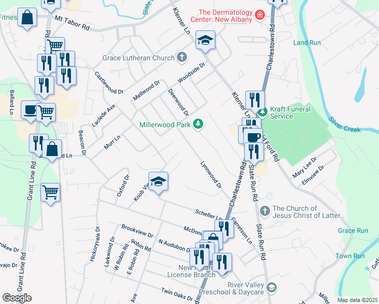 map of restaurants, bars, coffee shops, grocery stores, and more near 1766 Lynnwood Drive in New Albany