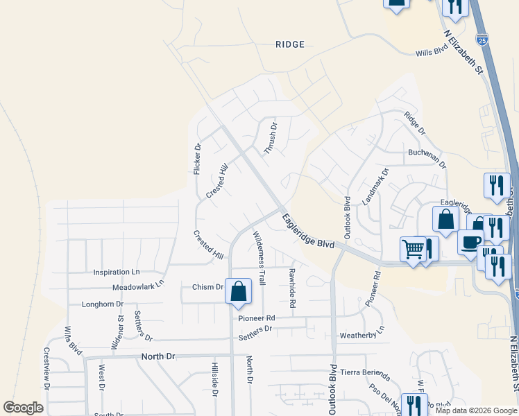 map of restaurants, bars, coffee shops, grocery stores, and more near 5 Gunsmith Court in Pueblo