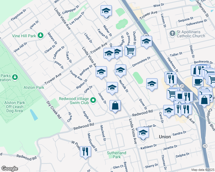 map of restaurants, bars, coffee shops, grocery stores, and more near 3723 Linda Vista Avenue in Napa