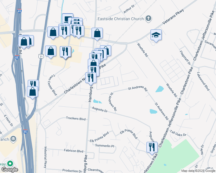 map of restaurants, bars, coffee shops, grocery stores, and more near 1710 Charlestown New Albany Pike in Jeffersonville