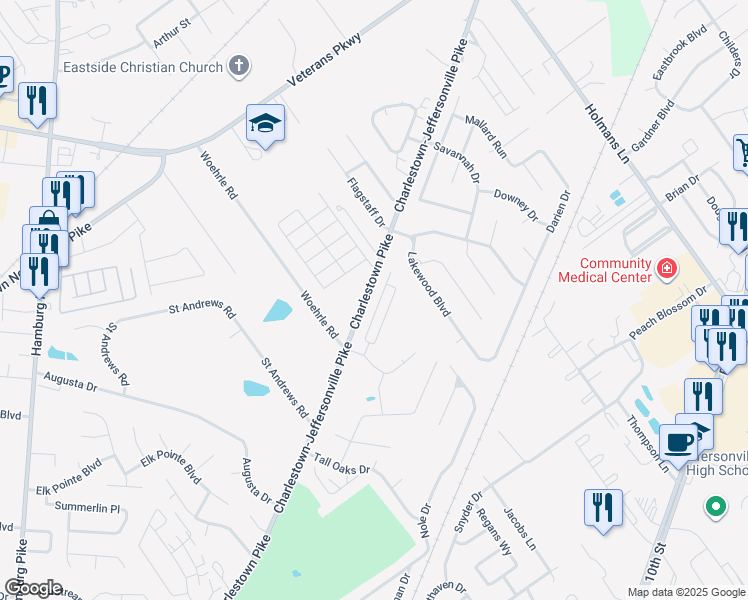 map of restaurants, bars, coffee shops, grocery stores, and more near 2327 Charlestown Pike in Jeffersonville