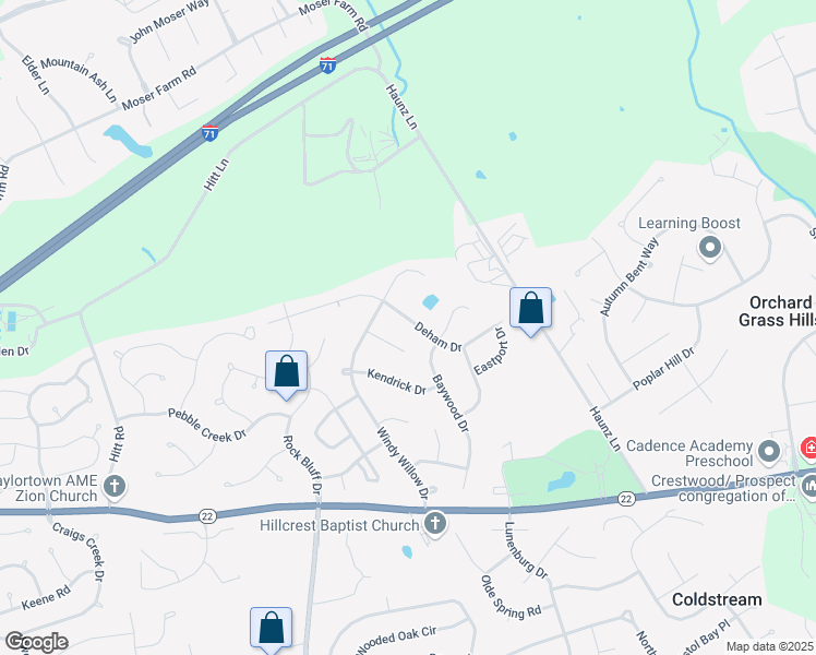 map of restaurants, bars, coffee shops, grocery stores, and more near 11410 Deham Drive in Louisville