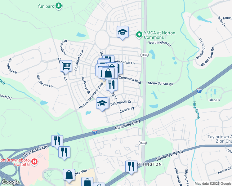 map of restaurants, bars, coffee shops, grocery stores, and more near 10616 Meeting Street in Prospect
