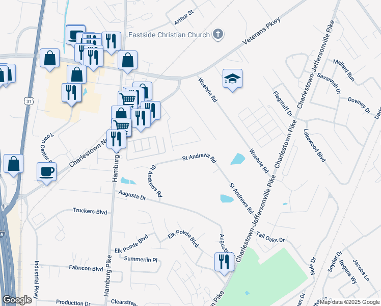 map of restaurants, bars, coffee shops, grocery stores, and more near 2205 Saint Andrews Road in Jeffersonville