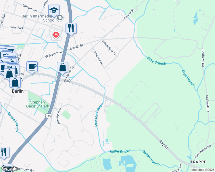 map of restaurants, bars, coffee shops, grocery stores, and more near 312 Maple Avenue in Berlin