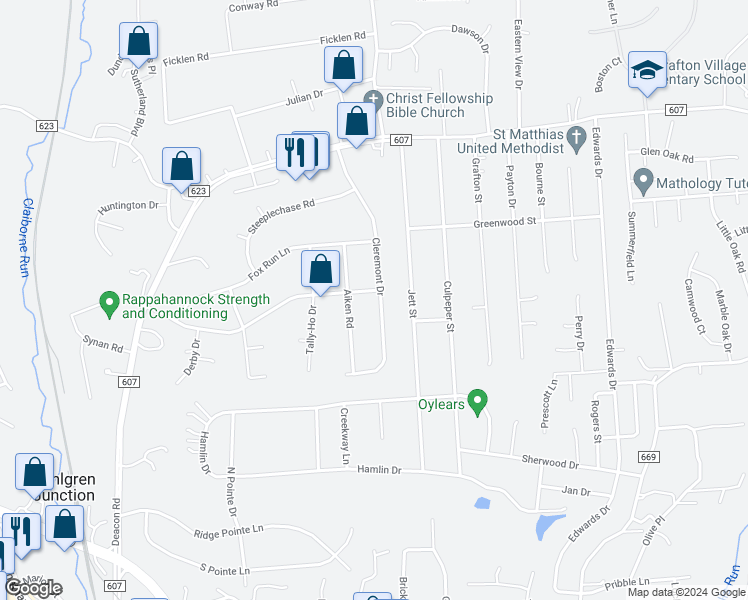 map of restaurants, bars, coffee shops, grocery stores, and more near 112 Cleremont Drive in Fredericksburg