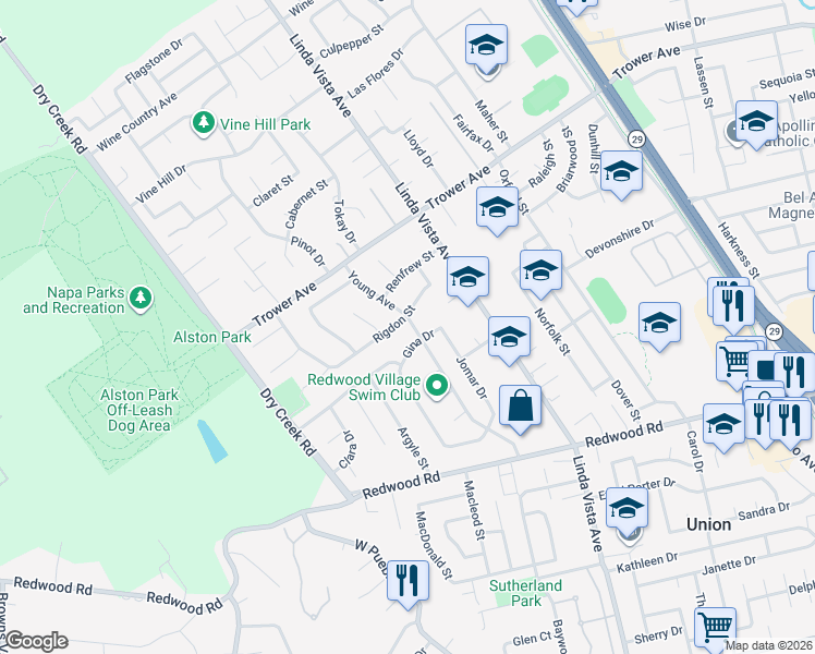 map of restaurants, bars, coffee shops, grocery stores, and more near 2447 Rigdon Street in Napa
