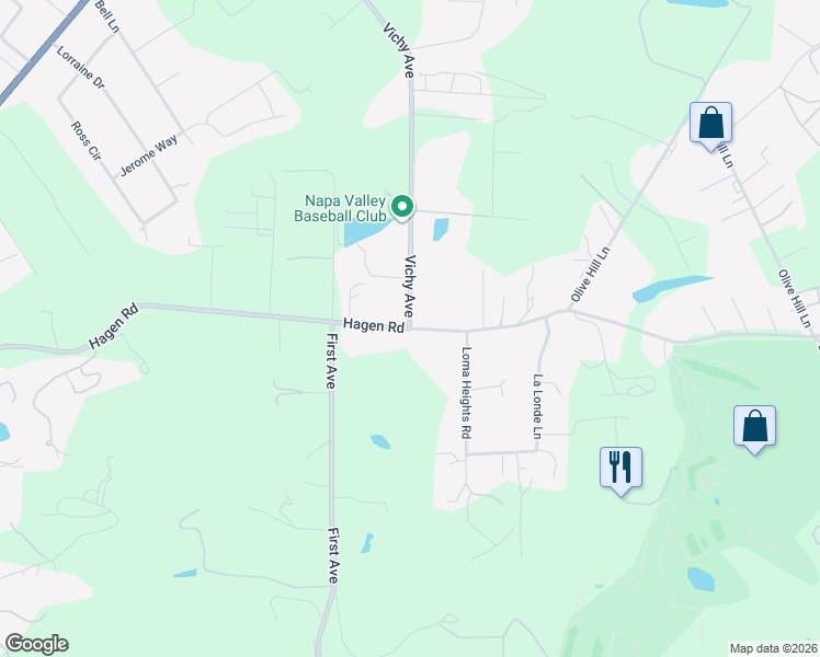 map of restaurants, bars, coffee shops, grocery stores, and more near Vichy Ave & Hagen Rd in Napa