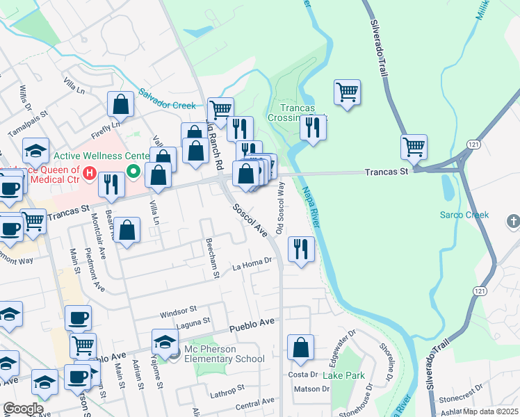 map of restaurants, bars, coffee shops, grocery stores, and more near 3200 Soscol Avenue in Napa