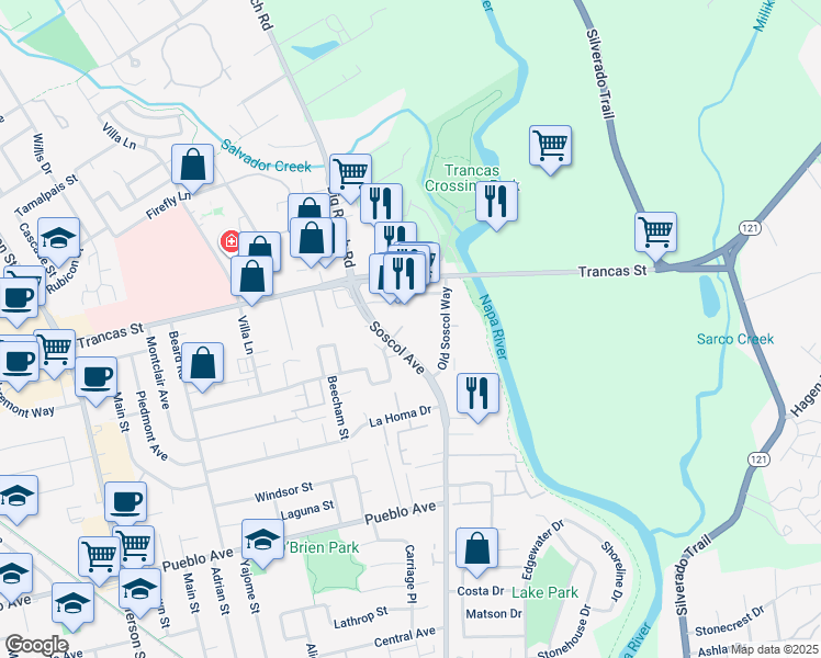 map of restaurants, bars, coffee shops, grocery stores, and more near 3200 Soscol Avenue in Napa