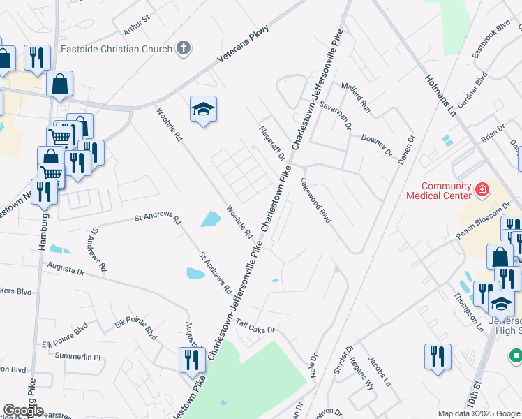 map of restaurants, bars, coffee shops, grocery stores, and more near 2327 Charlestown Pike in Jeffersonville