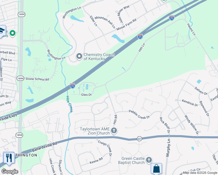 map of restaurants, bars, coffee shops, grocery stores, and more near 5501 Hite Lane in Louisville