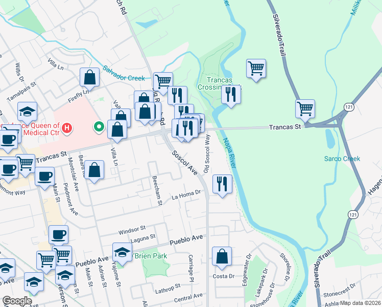map of restaurants, bars, coffee shops, grocery stores, and more near 3200 Soscol Avenue in Napa
