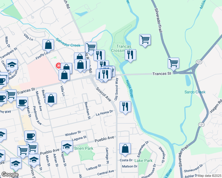 map of restaurants, bars, coffee shops, grocery stores, and more near 3200 Soscol Avenue in Napa