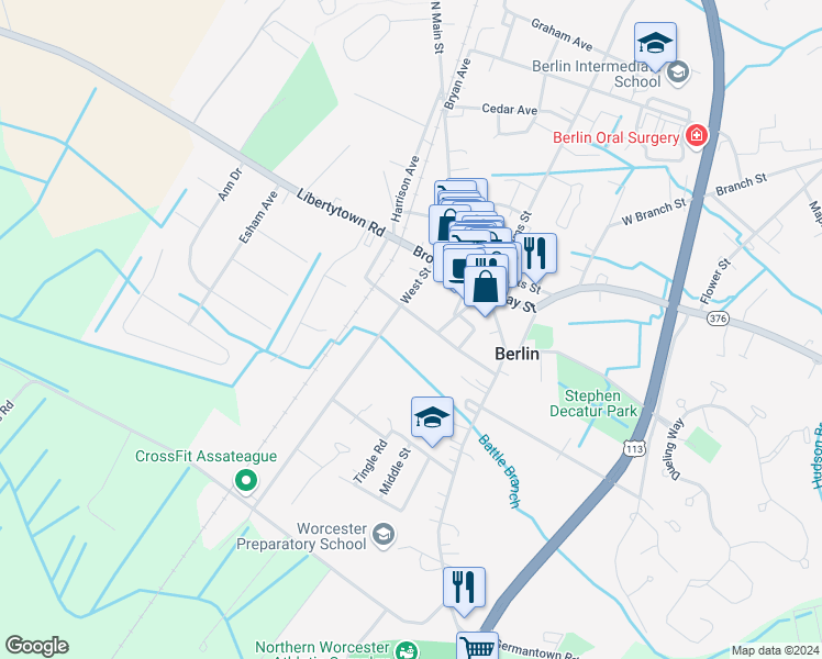 map of restaurants, bars, coffee shops, grocery stores, and more near 209 Washington Street in Berlin
