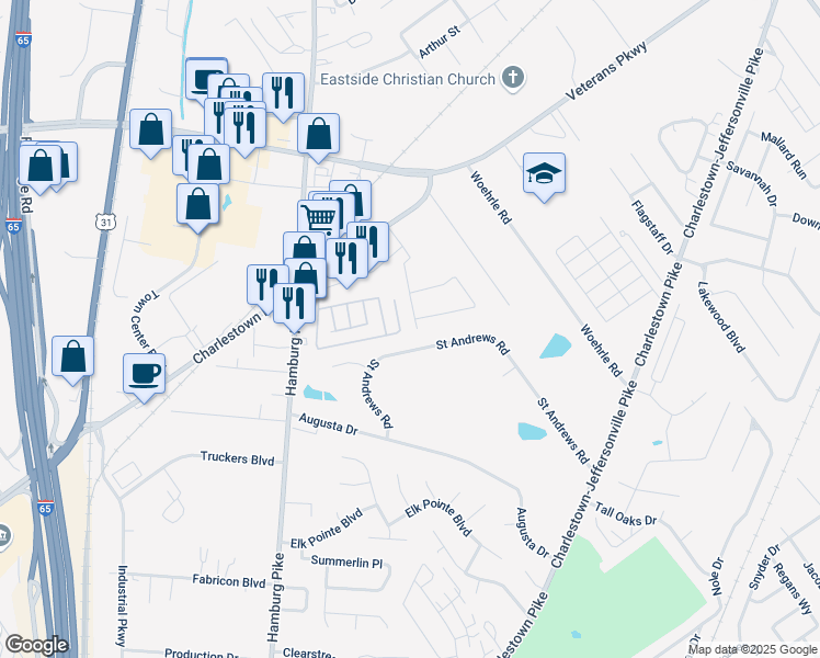 map of restaurants, bars, coffee shops, grocery stores, and more near 2109 Saint Andrews Road in Jeffersonville