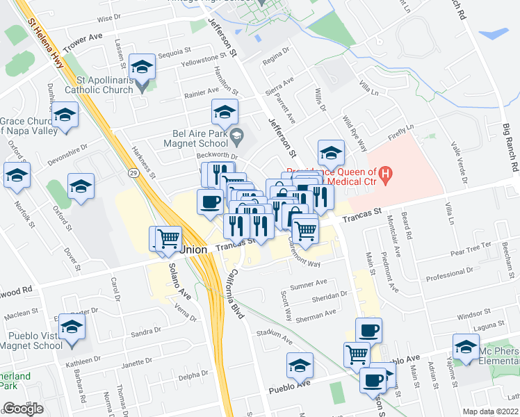 map of restaurants, bars, coffee shops, grocery stores, and more near 1471 Rubicon Street in Napa