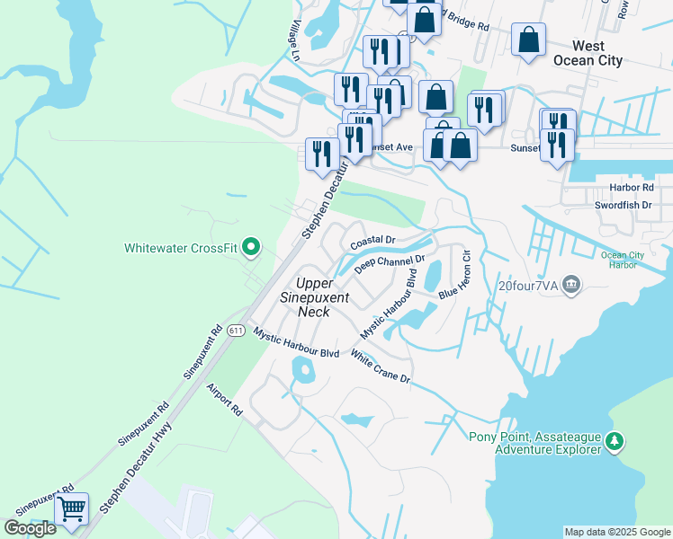 map of restaurants, bars, coffee shops, grocery stores, and more near 4 Coastal Drive in Berlin