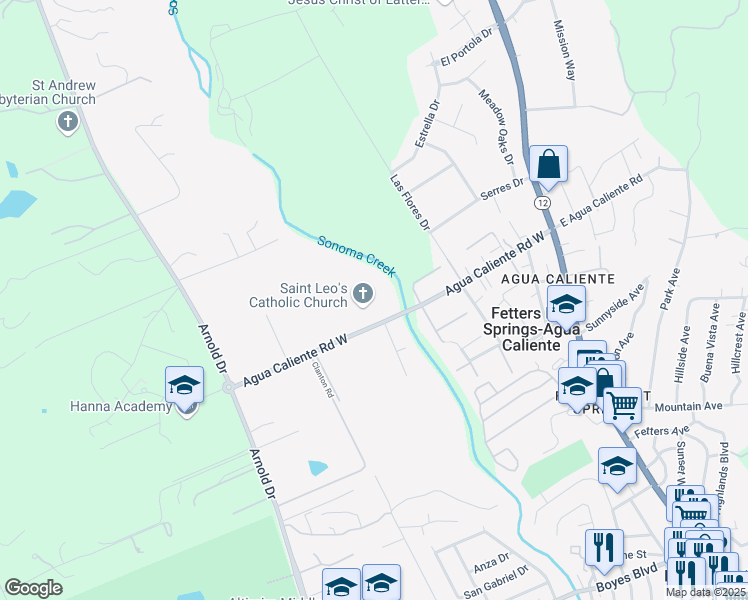 map of restaurants, bars, coffee shops, grocery stores, and more near 601 Agua Caliente Road West in Sonoma