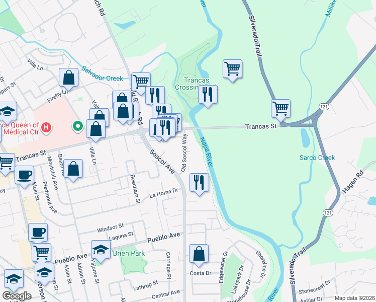 map of restaurants, bars, coffee shops, grocery stores, and more near 4 Towpath Drive in Napa