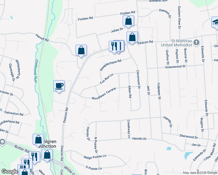 map of restaurants, bars, coffee shops, grocery stores, and more near 25 Woodlawn Terrace in Fredericksburg