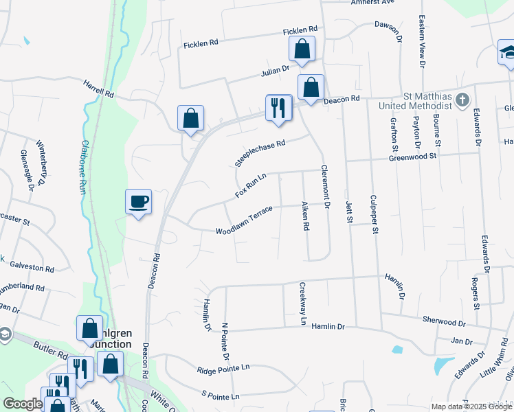map of restaurants, bars, coffee shops, grocery stores, and more near 25 Woodlawn Terrace in Fredericksburg