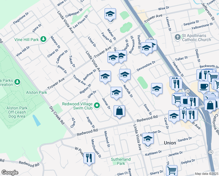 map of restaurants, bars, coffee shops, grocery stores, and more near 3723 Linda Vista Avenue in Napa