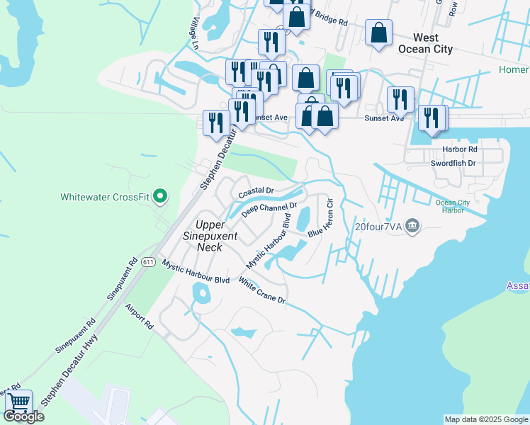 map of restaurants, bars, coffee shops, grocery stores, and more near 36 Deep Channel Drive in Berlin