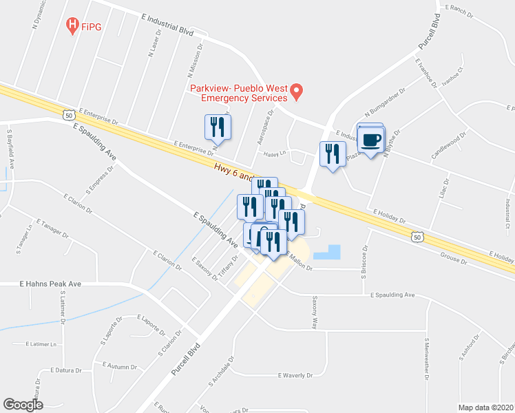 map of restaurants, bars, coffee shops, grocery stores, and more near 922 East Kimble Drive in Pueblo West