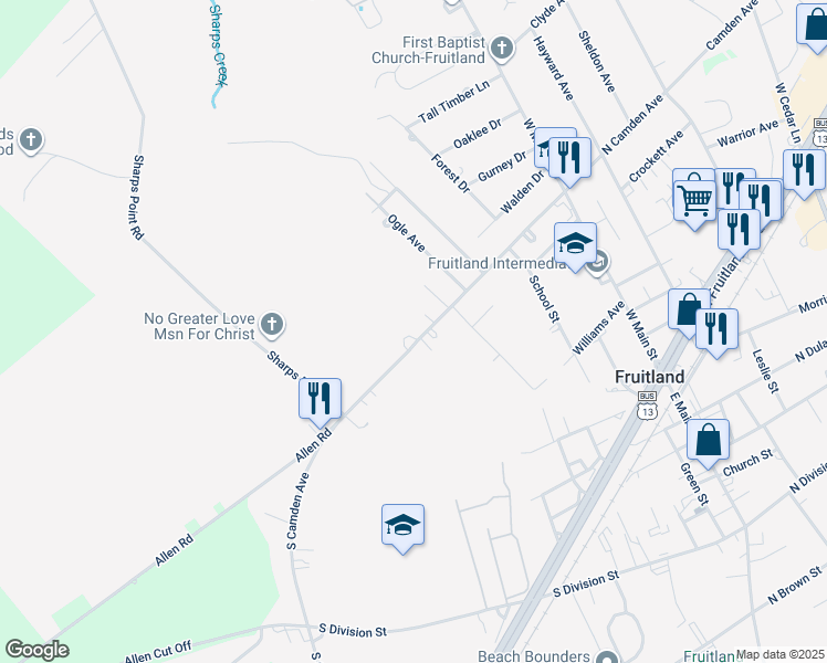 map of restaurants, bars, coffee shops, grocery stores, and more near 400 South Camden Avenue in Fruitland