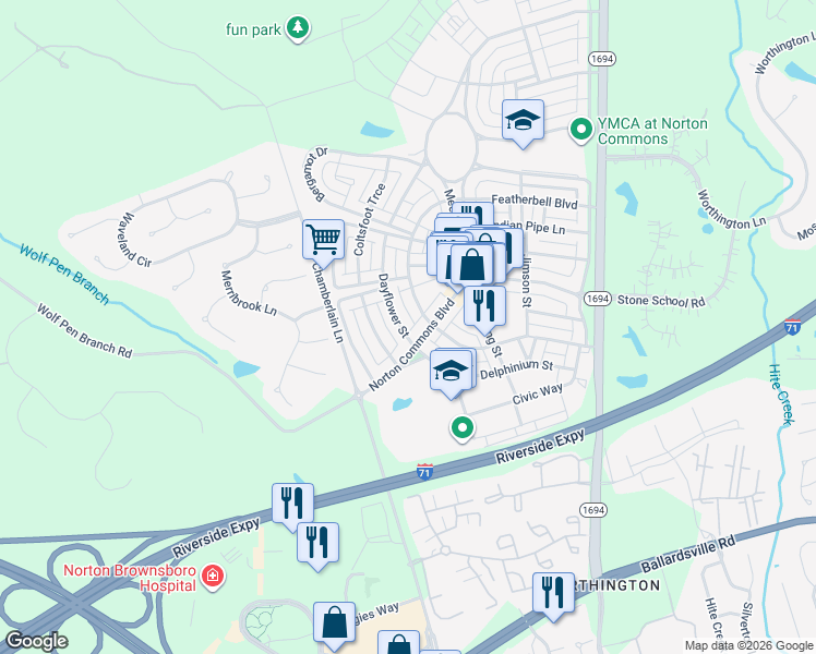 map of restaurants, bars, coffee shops, grocery stores, and more near 9117 Dayflower Street in Prospect