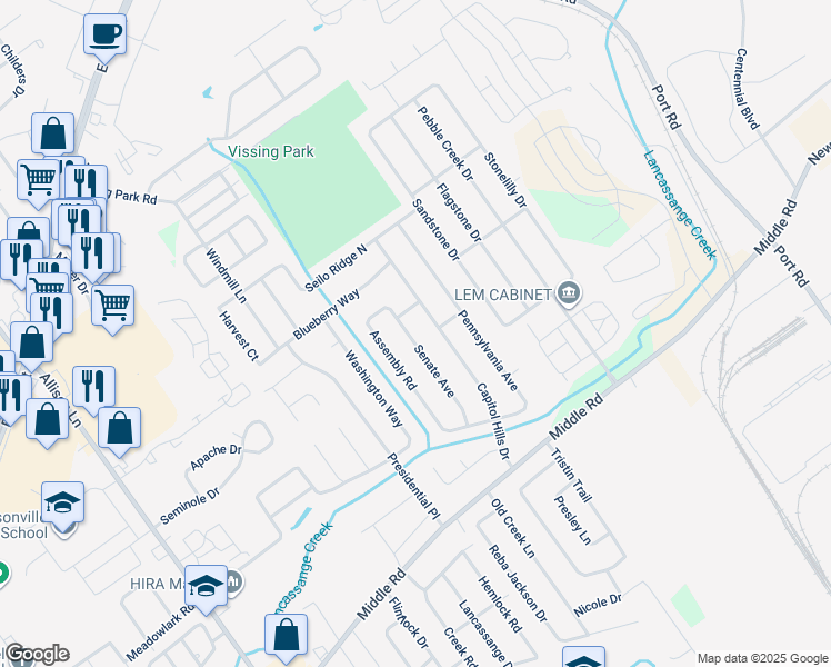 map of restaurants, bars, coffee shops, grocery stores, and more near 1005 Senate Avenue in Jeffersonville