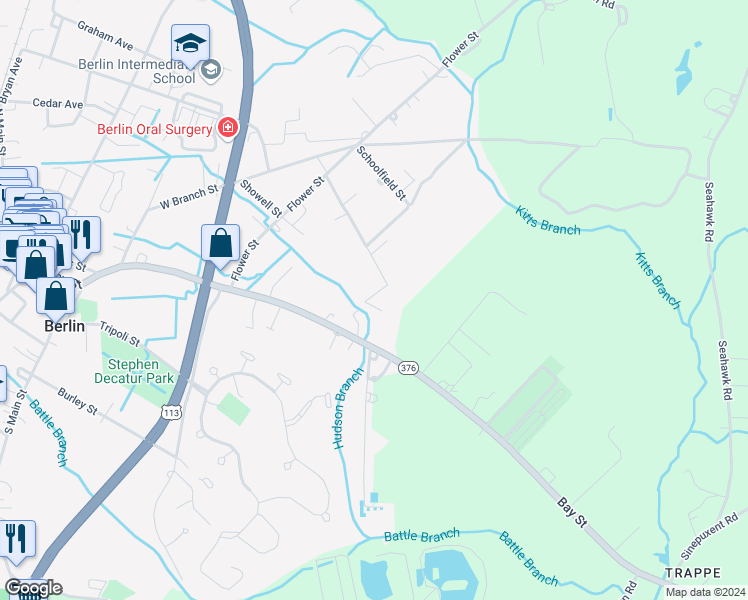 map of restaurants, bars, coffee shops, grocery stores, and more near 312 Maple Avenue in Berlin