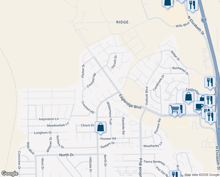 map of restaurants, bars, coffee shops, grocery stores, and more near 7 Gunsmith Court in Pueblo