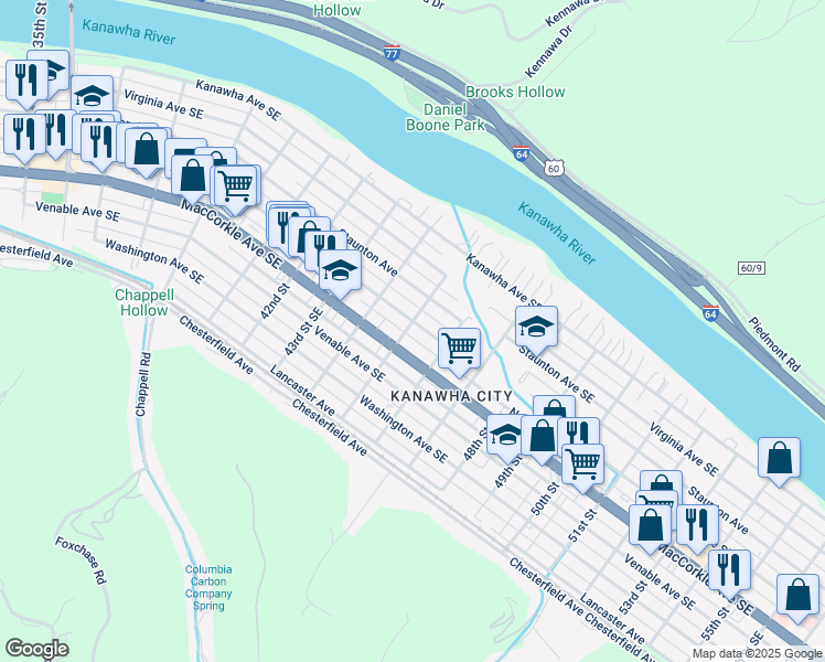 map of restaurants, bars, coffee shops, grocery stores, and more near 4501 45th Street Southeast in Charleston