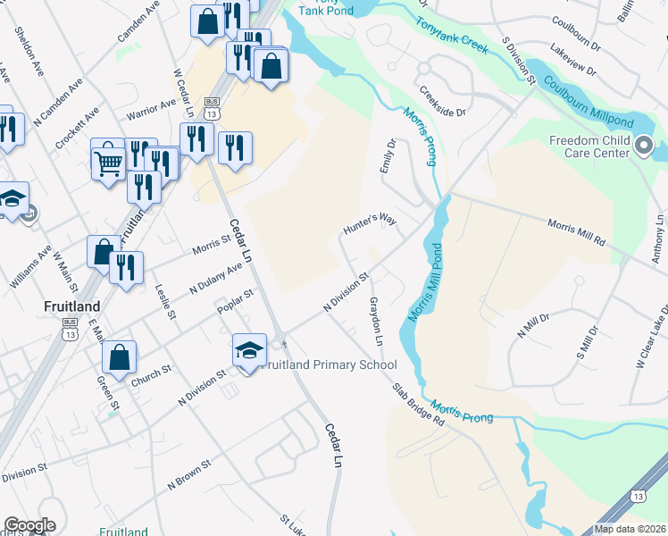 map of restaurants, bars, coffee shops, grocery stores, and more near 112 Hunter's Way in Salisbury