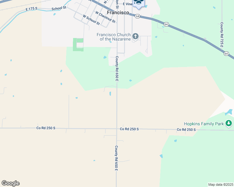 map of restaurants, bars, coffee shops, grocery stores, and more near 2270 County Road 650 East in Francisco