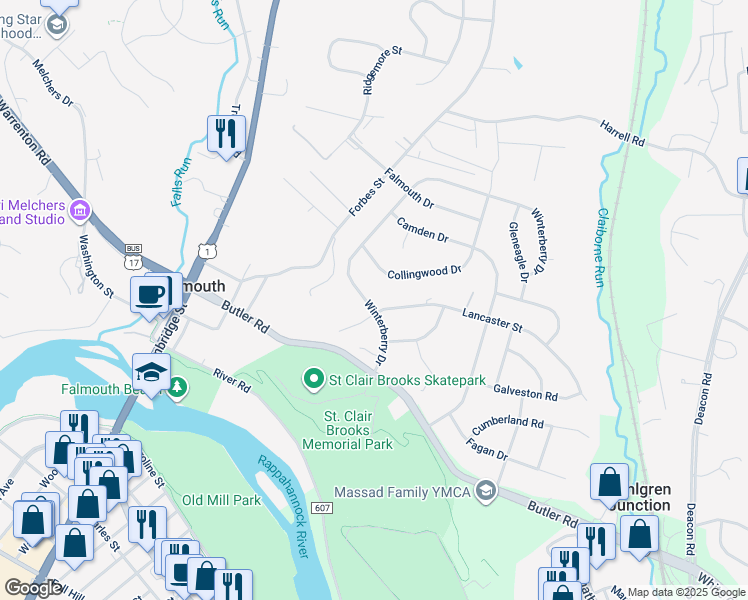 map of restaurants, bars, coffee shops, grocery stores, and more near 798 Winterberry Drive in Fredericksburg