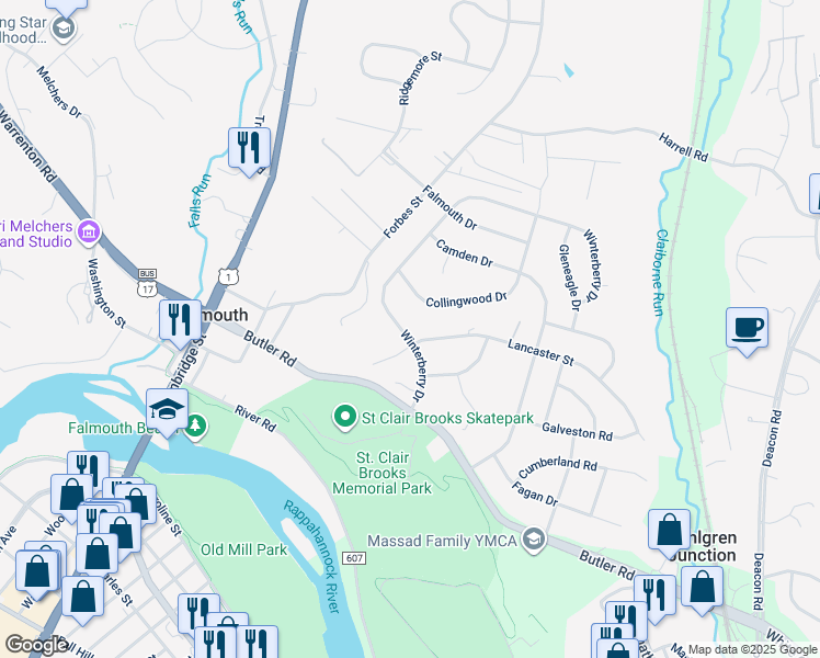 map of restaurants, bars, coffee shops, grocery stores, and more near 798 Winterberry Drive in Fredericksburg