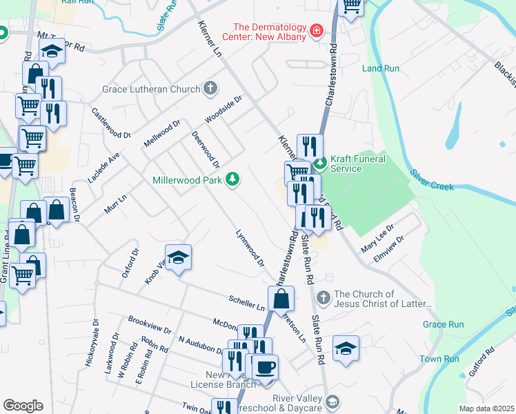 map of restaurants, bars, coffee shops, grocery stores, and more near 1742 Millerwood Drive in New Albany