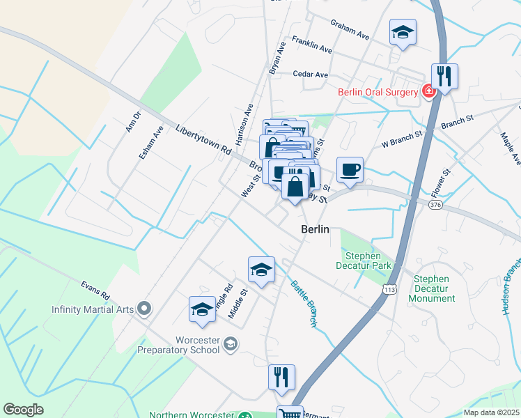 map of restaurants, bars, coffee shops, grocery stores, and more near 202 Washington Street in Berlin