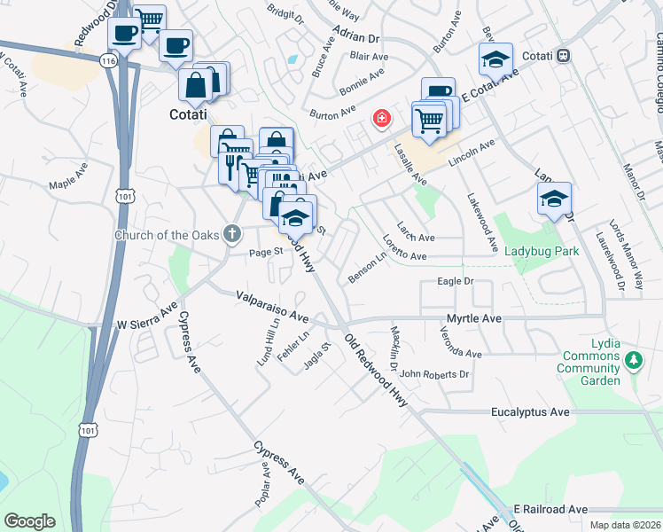 map of restaurants, bars, coffee shops, grocery stores, and more near 569 Jorgensen Street in Cotati
