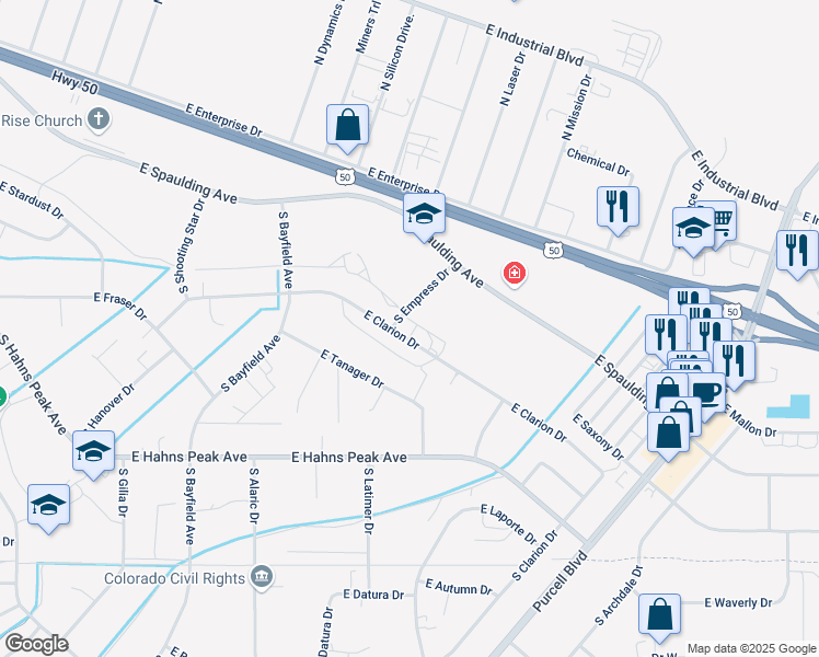 map of restaurants, bars, coffee shops, grocery stores, and more near 657 East Clarion Drive in Pueblo West