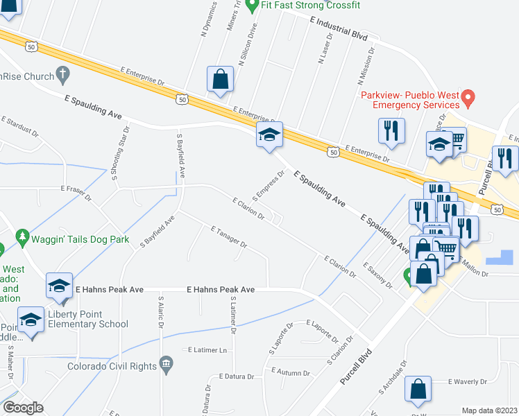map of restaurants, bars, coffee shops, grocery stores, and more near 657 East Clarion Drive in Pueblo West